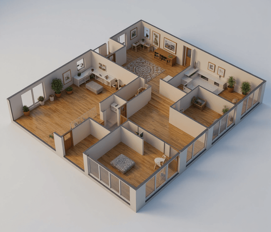 Rendering architettonico 3D generato da una planimetria
